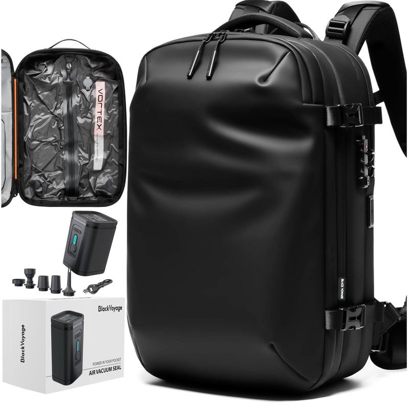BlackVoyage Vortex Vacuum Seal Travel Backpack 60L Expandable Air Compression System Water Resistant TSA Lock Carry - On Suitcase Luggage Black Zephyr - Vacuum Pump Included