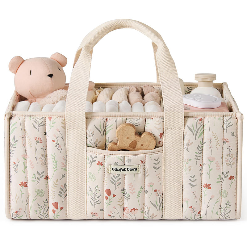 Blissful Diary Floral Diaper Caddy Organizer, Stylish Nursery Storage Basket, Gift for Baby Shower, Newborn Essentials, Floral Beige