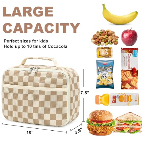 Bluboon Kids Girls Lunch Bag Insulated Lunch Box for school Corduroy Lunch Cooler Organizer School Kids Lunch Tote (Corduroy checkered brown)
