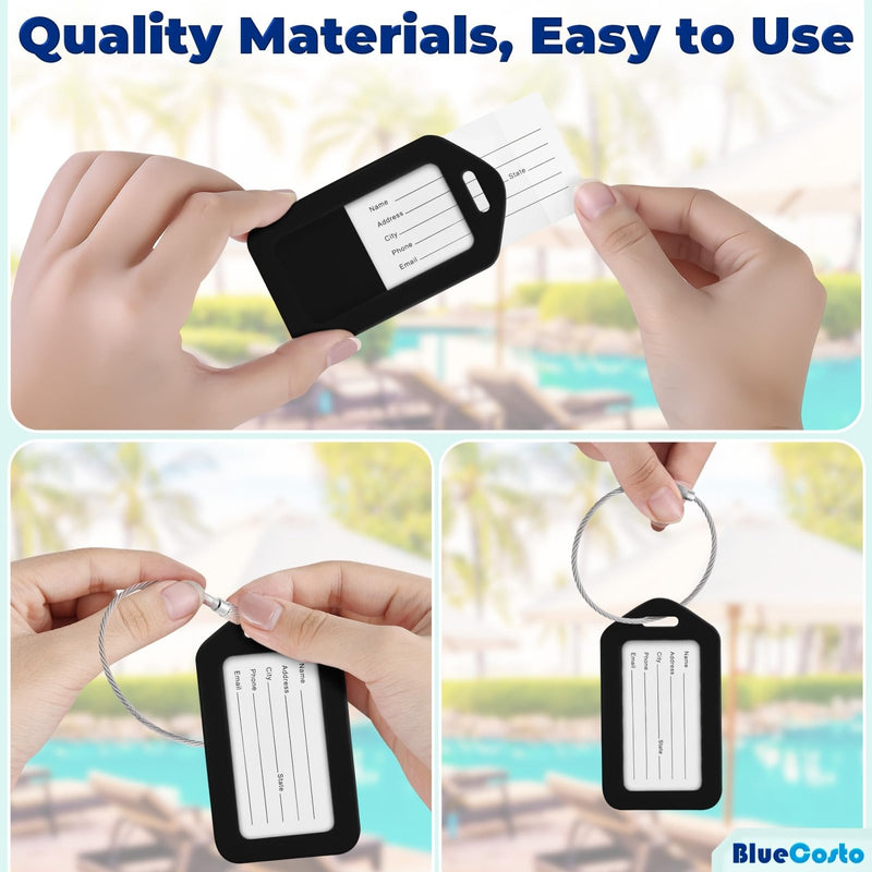 BlueCosto - Luggage Tags - Black, 10 Pack - Suitcase Tags with Name ID Card & Heavy - Duty Metal Wire Loops - Bright Colored PVC Identifiers for Travel Baggage - Backpack Name Labels