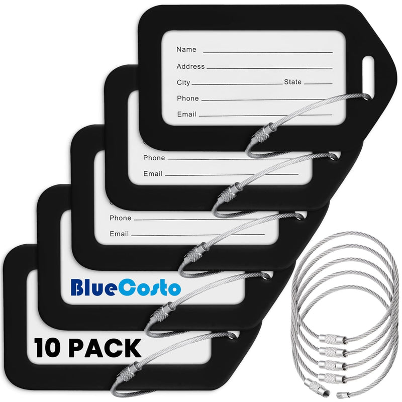 BlueCosto - Luggage Tags - Black, 10 Pack - Suitcase Tags with Name ID Card & Heavy - Duty Metal Wire Loops - Bright Colored PVC Identifiers for Travel Baggage - Backpack Name Labels