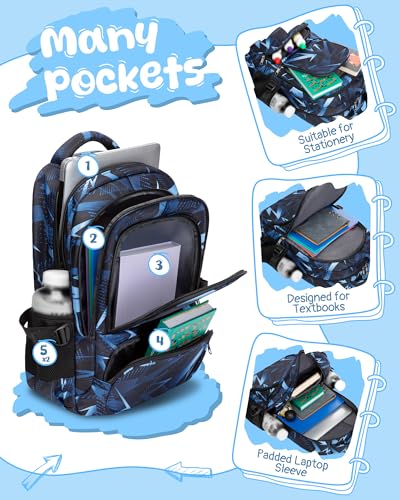BLUEFAIRY Kids School Backpack for Boys Girls Ages 6-8 8-10 10-12 Elementary Middle School Book Bags with Laptop Compartment Mochilas Escolares para Niños Niñas de 8 10 12 Años (Blue, Geometric)