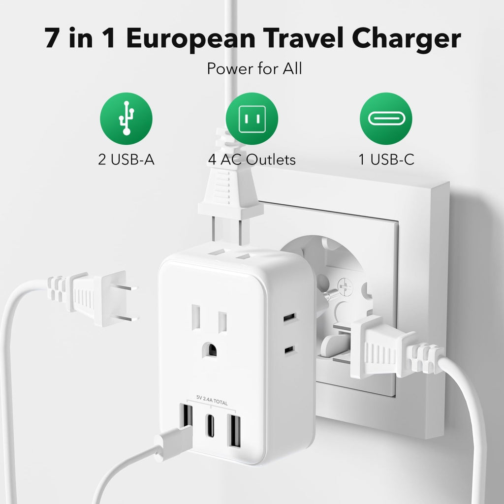 BN - LINK European Travel Plug Adapter, Power Plug Adapter with 4 AC Outlets and 3 USB Ports (1 USB C), Type C Adapter for US to Most of Europe Iceland Spain Italy France Germany