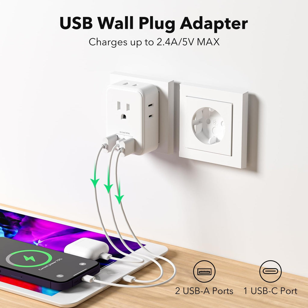 BN - LINK European Travel Plug Adapter, Power Plug Adapter with 4 AC Outlets and 3 USB Ports (1 USB C), Type C Adapter for US to Most of Europe Iceland Spain Italy France Germany