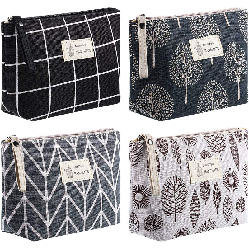 Boao 4 Pieces Canvas Makeup Bags Set Small Cosmetic Pouches for Purse with Zipper Multi Functional Toiletry Travel Case Organizer for Women Gift, 4 Styles(Small,Arrow, Plaid, Tree, Leave)