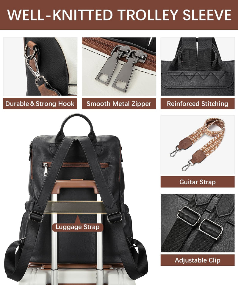 BOSTANTEN Leather Laptop Backpack for Women Designer Travel Backpack with Laptop Compartment Ladies Computer Shoulder Bags Black＆Beige＆Brown