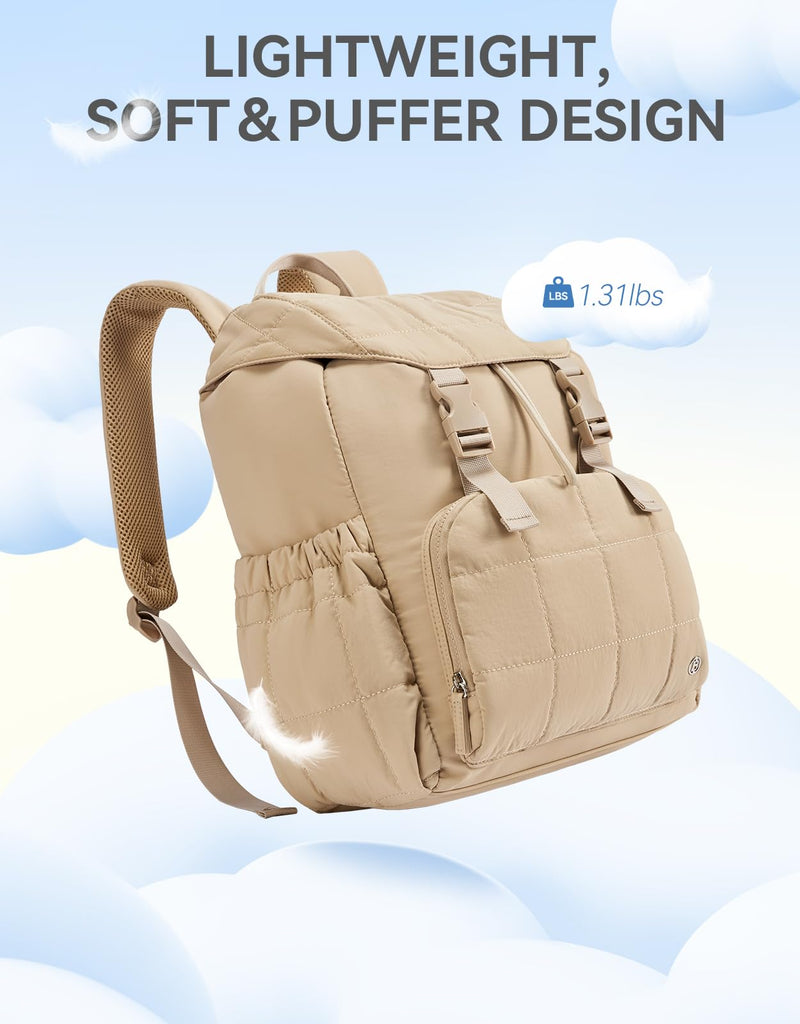 BOSTANTEN Puffer Backpack for Women, 15.6 Inch College Laptop Backpack with RFID Pocket, Water Resistant Casual Travel Daypack, Khaki