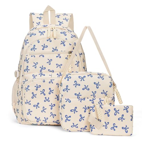 Bow Backpack for Women Kawaii Coquette Nylon Backpack 3Pcs Set Cute College Laptop Rucksack Fashion Travel Daypack (White Blue) | Backpacks4Less