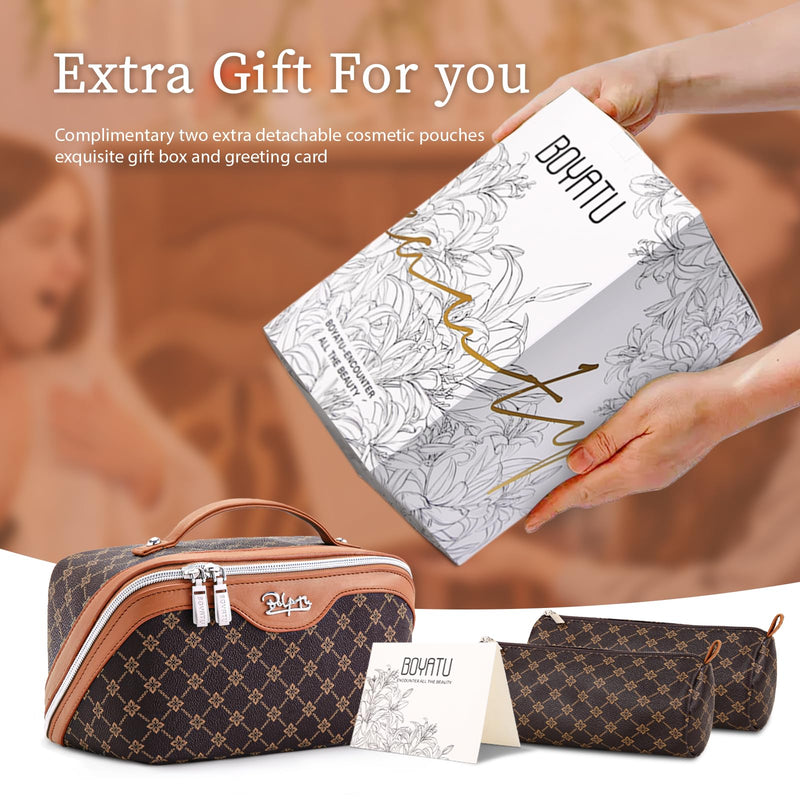 BOYATU Travel Makeup Bag Cosmetic Bags for Women: 3 Pcs Set Large Portable Make up Bag with Handle - Vegan Leather Toiletry Bags with Compartments - Makeup Organizer for Travel Essentials(A - 1 - Coffee)