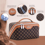 BOYATU Travel Makeup Bag Cosmetic Bags for Women: 3 Pcs Set Large Portable Make up Bag with Handle - Vegan Leather Toiletry Bags with Compartments - Makeup Organizer for Travel Essentials(A - 1 - Coffee)