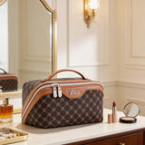 BOYATU Travel Makeup Bag Cosmetic Bags for Women: 3 Pcs Set Large Portable Make up Bag with Handle - Vegan Leather Toiletry Bags with Compartments - Makeup Organizer for Travel Essentials(A - 1 - Coffee)