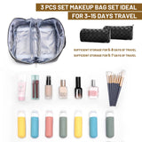 BOYATU Travel Makeup Bag Organizer: 3 Pcs Set Large Capacity Cosmetic Bags Holds 10–20 100ml Full - Size Bottles for 3–15 Day Trips - 180°Open - Flat Make up Case 3 - sec touch - up - Toiletry Bag Gift women