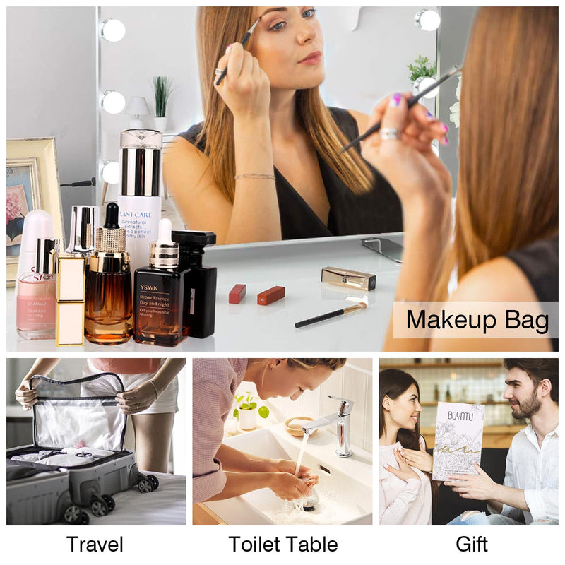 BOYATU Travel Makeup Bags Cosmetic Organizer Bag: 3 Pcs Set Large Capacity Floral Make up Bag with Compartments - Waterproof Leather Toiletry Bags with Handle for Women (01 - Light Blue)