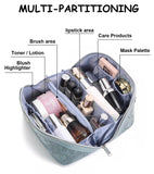 BOYATU Travel Makeup Bags Cosmetic Organizer Bag: 3 Pcs Set Large Capacity Floral Make up Bag with Compartments - Waterproof Leather Toiletry Bags with Handle for Women (01 - Light Blue)