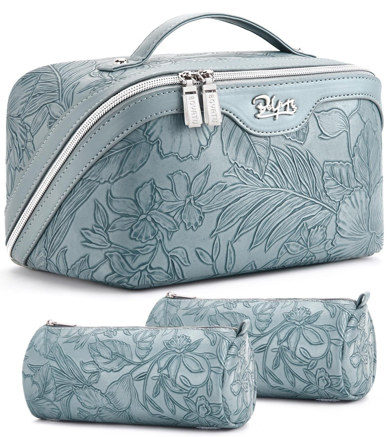 BOYATU Travel Makeup Bags Cosmetic Organizer Bag: 3 Pcs Set Large Capacity Floral Make up Bag with Compartments - Waterproof Leather Toiletry Bags with Handle for Women (01 - Light Blue)