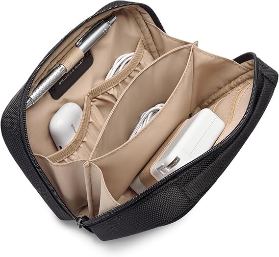 Briggs & Riley Tech Pouch Kit - Electronics Organizer Travel Case, Cable Storage Bag For Cords, Hard Drives, & Tech Accessories, Leather Touchpoints, Durable Fabric - @Work Collection, Black