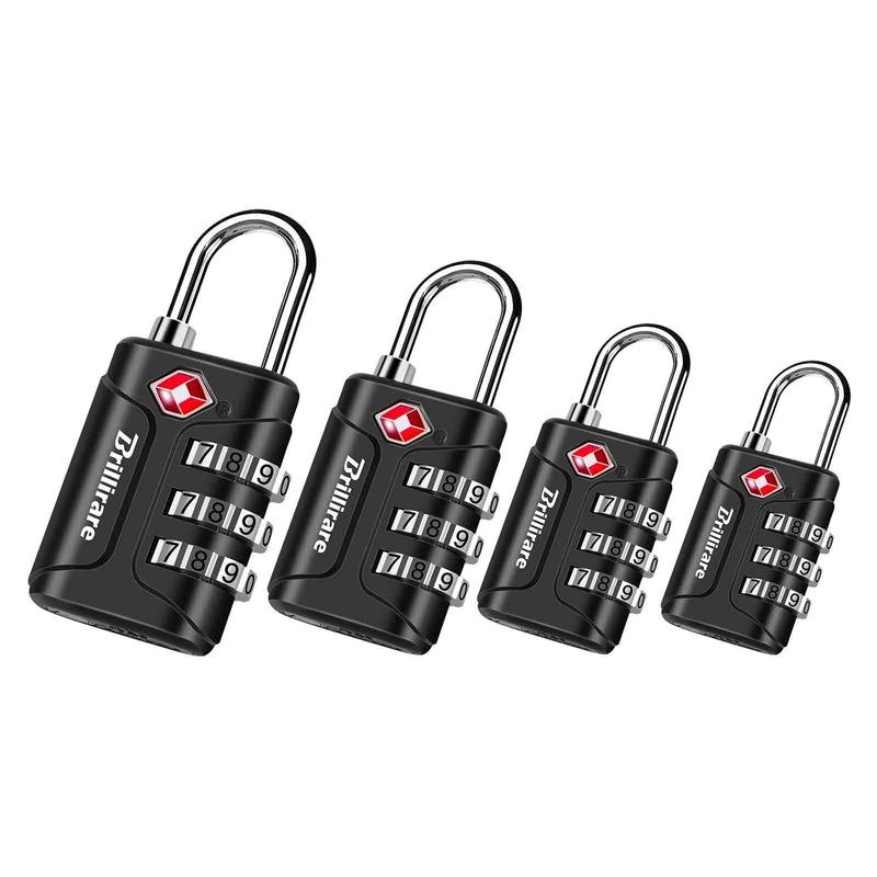 BRILLIRARE 4 Pack TSA Approved Luggage Locks, Combination Travel Padlock, 3 - Digit Waterproof Lock, TSA Accepted Outdoor Keyless Resettable Lock for Lockers, Bags, Backpack, Gym, Gate - Black