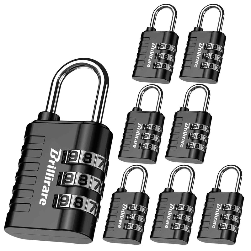 Brillirare 8 Pack Combination Lock, 3 - Digit Waterproof Keyless Padlock, Zinc Alloy Outdoor Resettable Travel Luggage Locks for Backpack, Gym Locker, Hasp, Fence, Gate, Case, Toolbox - Black
