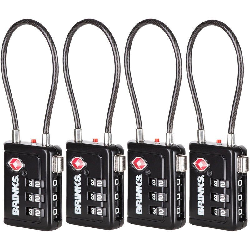 Brinks TSA Accepted Indicator Luggage Lock, Black - Resettable 3 - Dial Combination, 2.5 inch Long Cable Shackle, New More Secure TSA008 Key, 4 Pack