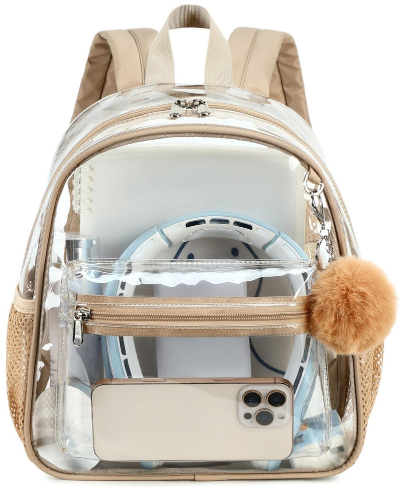 BTOOP Clear Mini Backpack for Stadium Events 12x12x6 Small Transparent Backpacks Plastic See Through Clear Bag for Concerts Work Festival Security Travel Khaki