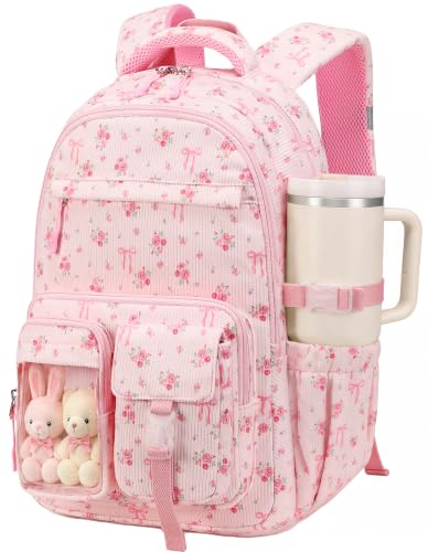BTOOP Multi-Compartment Kids Backpack for Girls, Cute Pink Bow School Backpack with Chest Strap, Side Pocket Fits 40 oz Tumbler, | Backpacks4Less