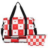 Buffalo Plaid Check Red White Heart Travel Duffel Bags Travel Weekender Gear Bag with Toiletry Bag for Trip Foldable