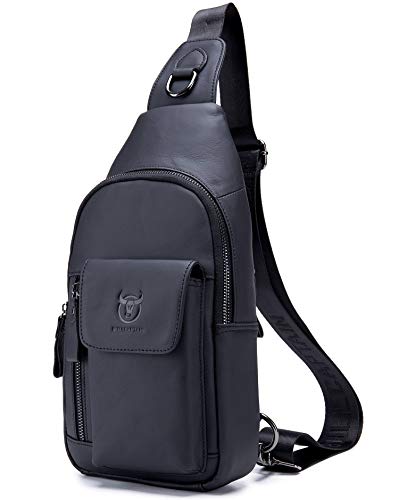 BULLCAPTAIN Mens Leather Crossbody Bag Shoulder Sling Bag Casual Daypacks Chest Bags for Travel Hiking Backpacks (Black) | Backpacks4Less