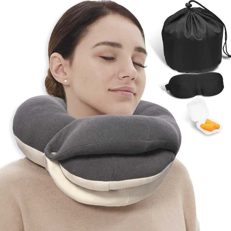 BUYUE Travel Neck Pillows for Airplanes, 360° Head Support Sleep for Long Flight, Skin - Friendly & Breathable, Kit with 3D Contoured Eye Mask, Earplugs and Storage Bag (Adult, Grey, 90+ lbs)