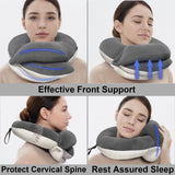 BUYUE Travel Neck Pillows for Airplanes, 360° Head Support Sleep for Long Flight, Skin - Friendly & Breathable, Kit with 3D Contoured Eye Mask, Earplugs and Storage Bag (Adult, Grey, 90+ lbs)