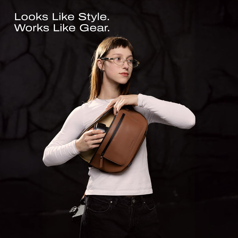 C Coiro Leather Camera Sling Bag, Weather Resistant Crossbody Camera Bag with Tripod Holder (Tripod not included), for Canon, Sony, Nikon, Professional Pouch for Photographers, Color Brown