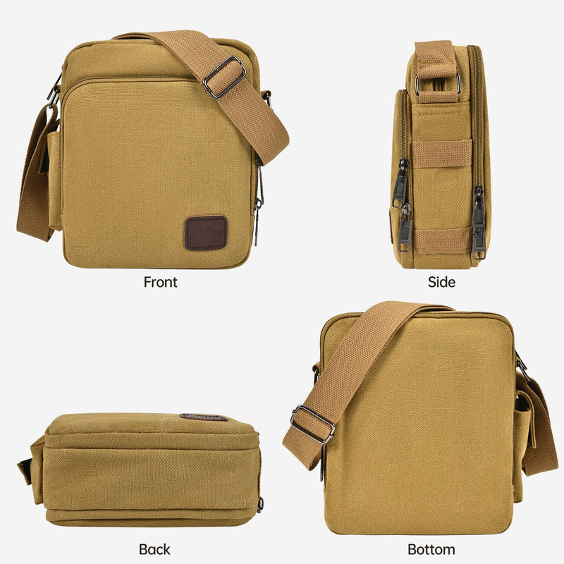 CAAORDKSO Small Messenger Bag for Men Women, Vintage Canvas Messenger Shoulder Bag Travel Crossbody Bag Multi Pocket Purses (Khaki Medium