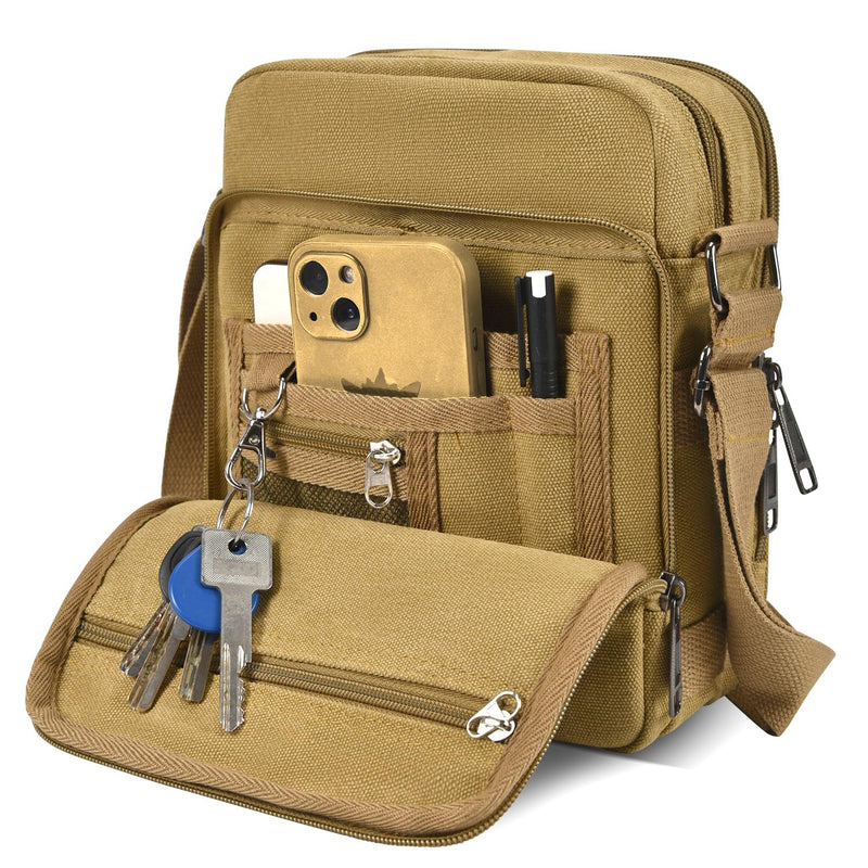 CAAORDKSO Small Messenger Bag for Men Women, Vintage Canvas Messenger Shoulder Bag Travel Crossbody Bag Multi Pocket Purses (Khaki Medium