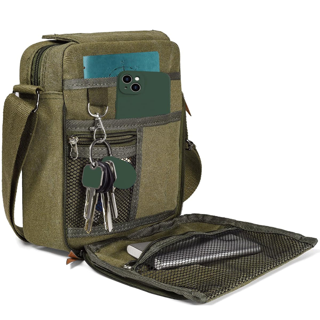 CAAORDKSO Vintage Canvas Messenger Bag Small Crossbody Bag Shoulder Bag for Men Women Chest Bag Travel Bag Multi Pocket Purse (Army | Backpacks4Less