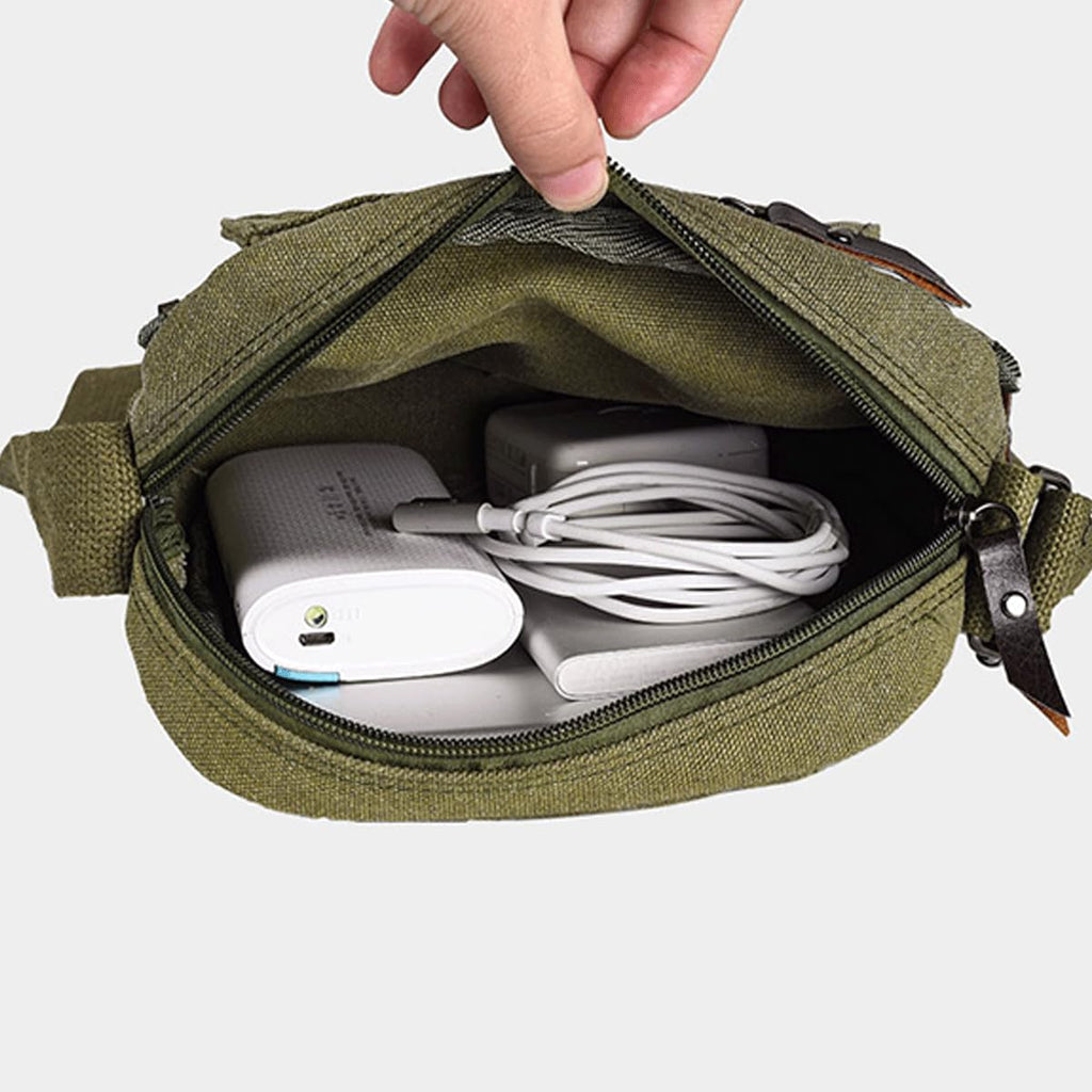 CAAORDKSO Vintage Canvas Messenger Bag Small Crossbody Bag Shoulder Bag for Men Women Chest Bag Travel Bag Multi Pocket Purse (Army Green)