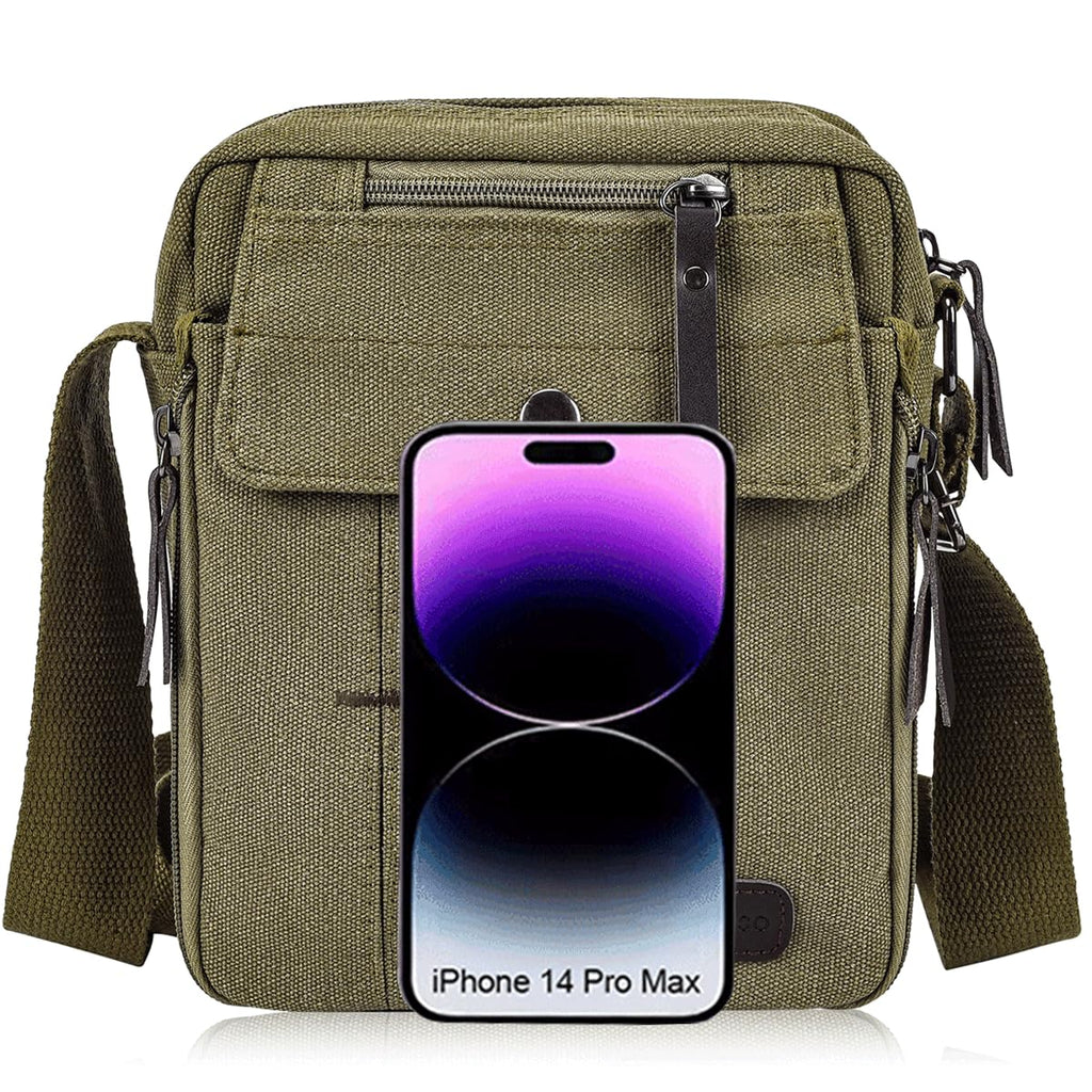 CAAORDKSO Vintage Canvas Messenger Bag Small Crossbody Bag Shoulder Bag for Men Women Chest Bag Travel Bag Multi Pocket Purse (Army Green)