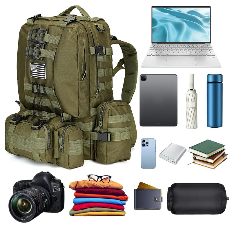 CALUOMATT Large Military Tactical Backpack for Men, 40 - 50L Backpacks for Women, Bug out Bag Army 3 Days Pack Bags Rucksack with Molle System Green