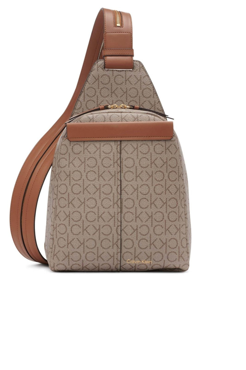 Calvin Klein Women's Millie Backpack for Women – Vegan Leather Monogram Backpack, 2 Pockets, Almond/Taupe/Caramel, One Size