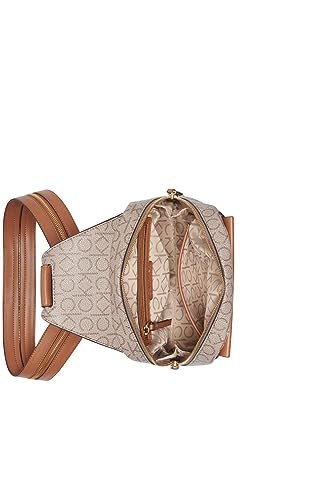 Calvin Klein Women's Millie Backpack for Women – Vegan Leather Monogram Backpack, 2 Pockets, Almond/Taupe/Caramel, One Size