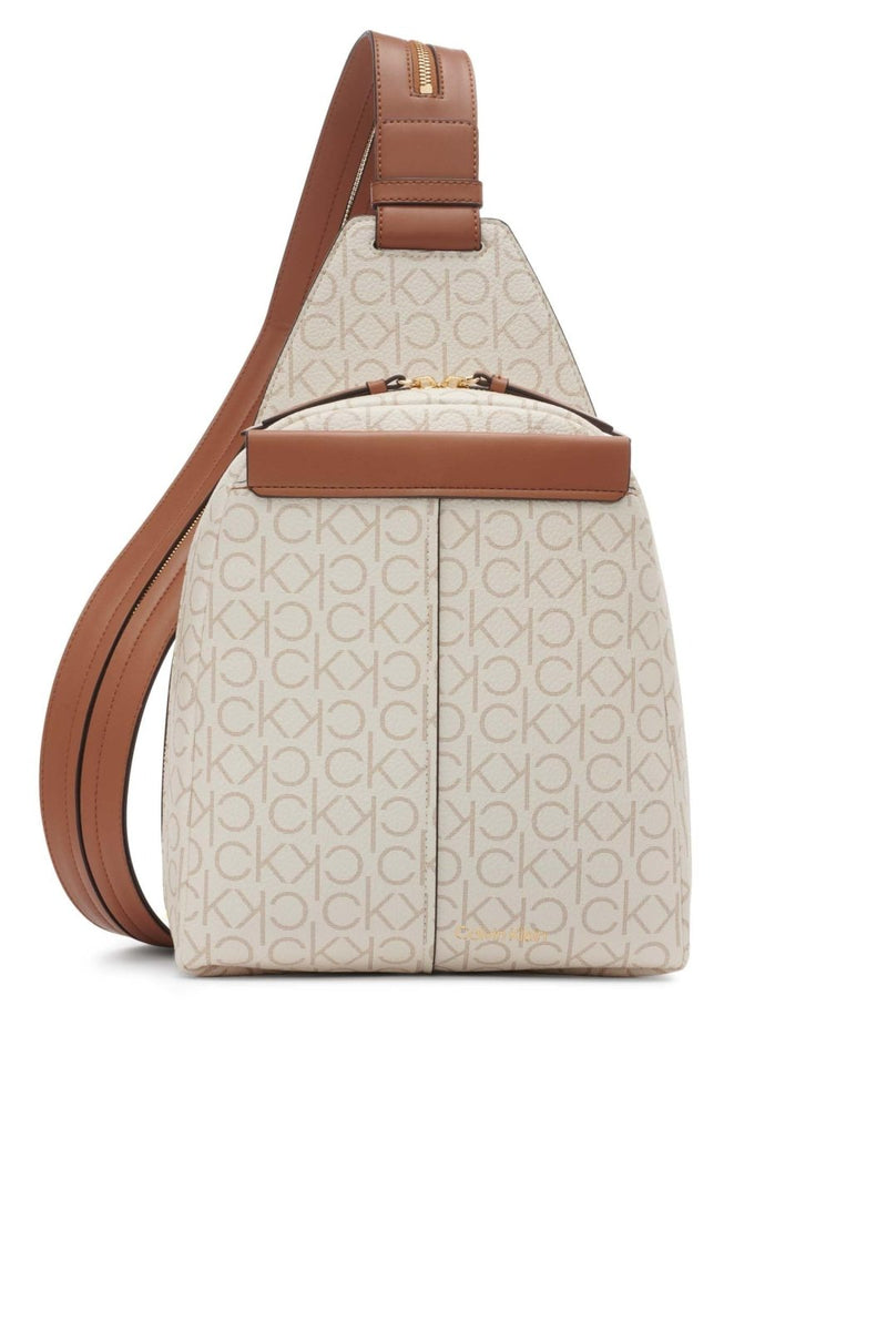 Calvin Klein Women's Millie Backpack for Women – Vegan Leather Monogram Backpack, 2 Pockets, Vanilla/Khaki/Caramel, One Size