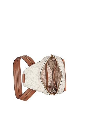 Calvin Klein Women's Millie Backpack for Women – Vegan Leather Monogram Backpack, 2 Pockets, Vanilla/Khaki/Caramel, One Size