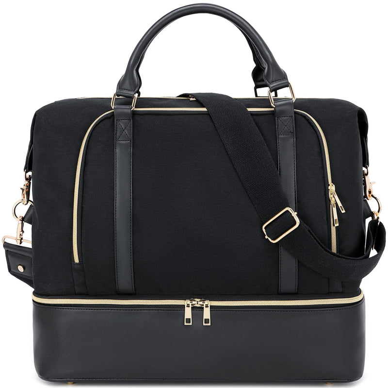 CAMTOP Women Ladies Travel Weekender Bag Overnight Duffel Carry - on Tote Bag with Luggage Sleeve fit 15.6 Inch Laptop Computer (Black with Shoe Compartment)