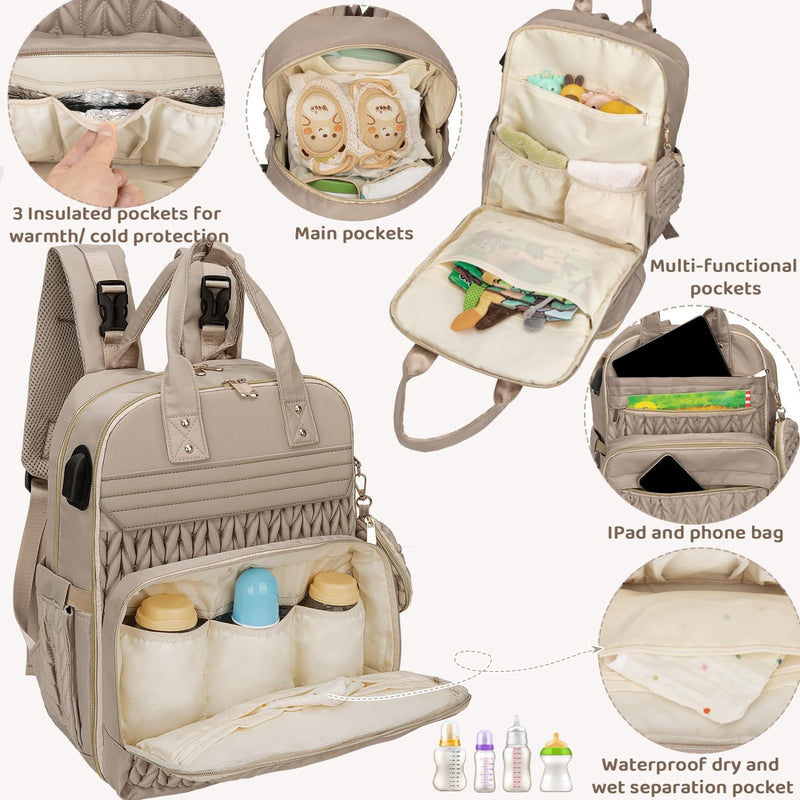 CandyHome Diaper Bag Backpack, Waterproof Stylish Baby Bag with Changing Pad, Large Capacity Travel Essentials Baby Diaper Bag with USB Port, Stroller Straps & Pacifier Case (Khaki)