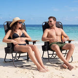 Cansky Portable Beach Chair for Adults, Outdoor Lightweight Camping Chair with Wooden Desgin Armrests, 5-Position Reclining Flat Lay, Cup Holder, Zipper Pouch, Backpack Design, No Towel Rack, Black