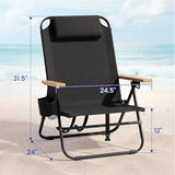 Cansky Portable Beach Chair for Adults, Outdoor Lightweight Camping Chair with Wooden Desgin Armrests, 5-Position Reclining Flat Lay, Cup Holder, Zipper Pouch, Backpack Design, No Towel Rack, Black