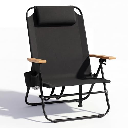 Cansky Portable Beach Chair for Adults, Outdoor Lightweight Camping Chair with Wooden Desgin Armrests, 5-Position Reclining Flat Lay, | Backpacks4Less