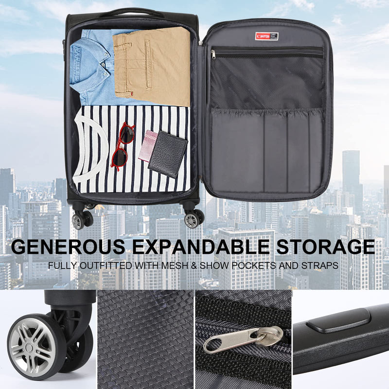 Cantor Ultra Lightweight Softside Luggage with Spinner Wheels, Set of 3, Expandable Suitcase with Retractable Handle and ID Tag, and Interlocking Zippers with TSA Lock (Black)