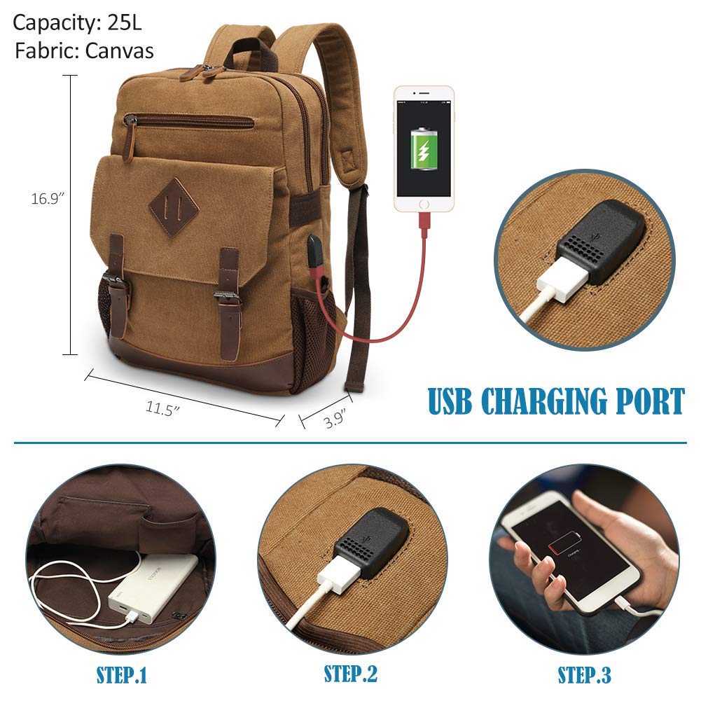 Canvas Backpack for Men Women, Vintage Rucksack Fits Most 15.6 Inch Laptop, Bookbag with USB Charging Port