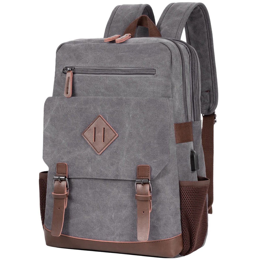 Canvas Backpack for Men Women, Vintage Rucksack Fits Most 15.6 Inch Laptop, Bookbag with USB Charging Port