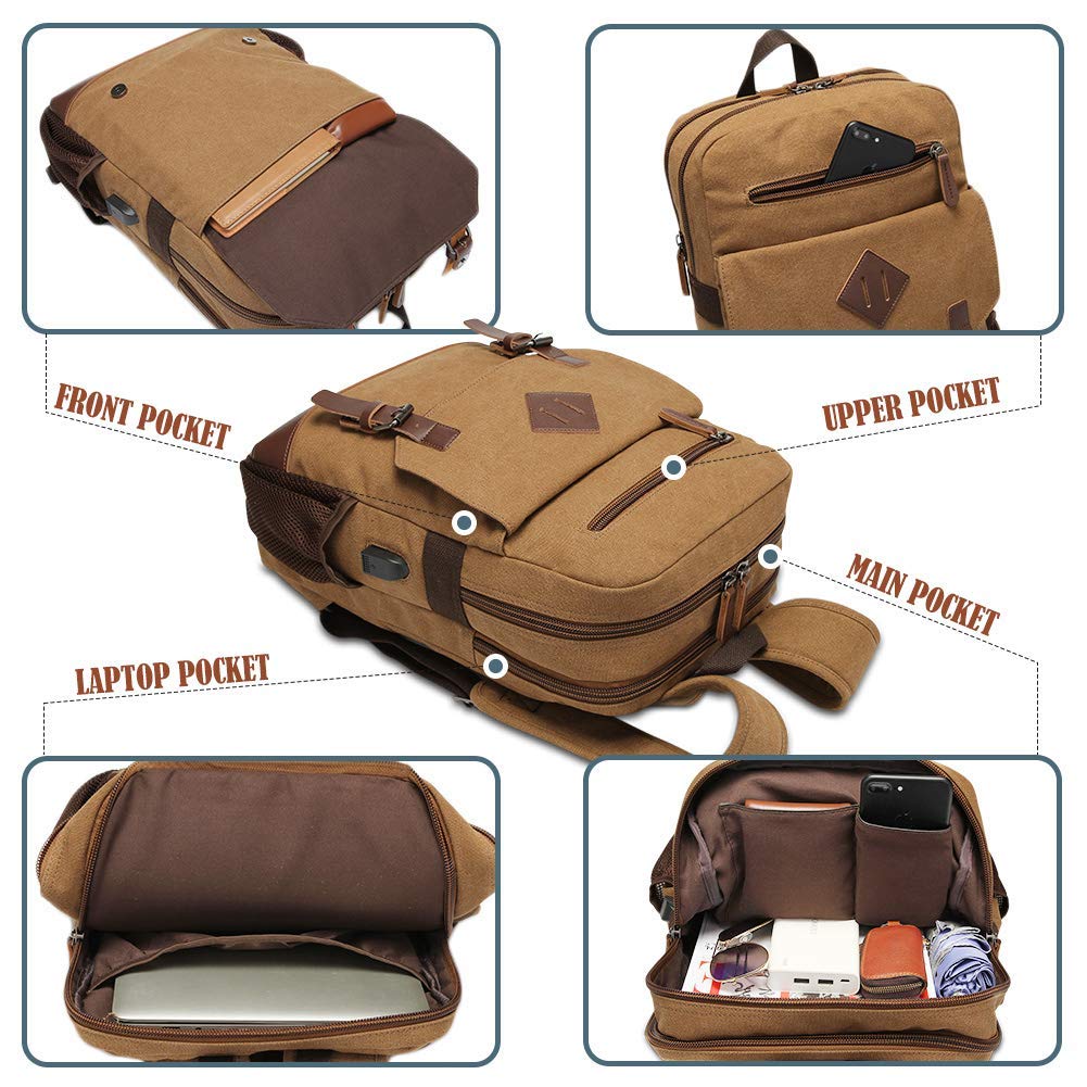 Canvas Backpack for Men Women, Vintage Rucksack Fits Most 15.6 Inch Laptop, Bookbag with USB Charging Port