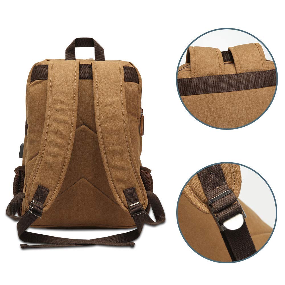 Canvas Backpack for Men Women, Vintage Rucksack Fits Most 15.6 Inch Laptop, Bookbag with USB Charging Port